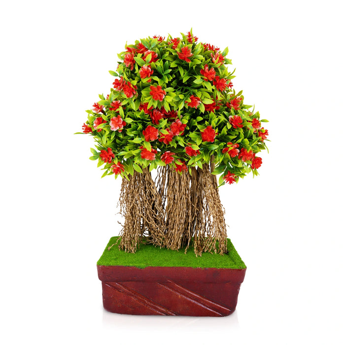 Artificial Bonsai Plant - 14 x 9 Inches | Red Flower Indoor Plant/ Decorative Faux Tree For Table