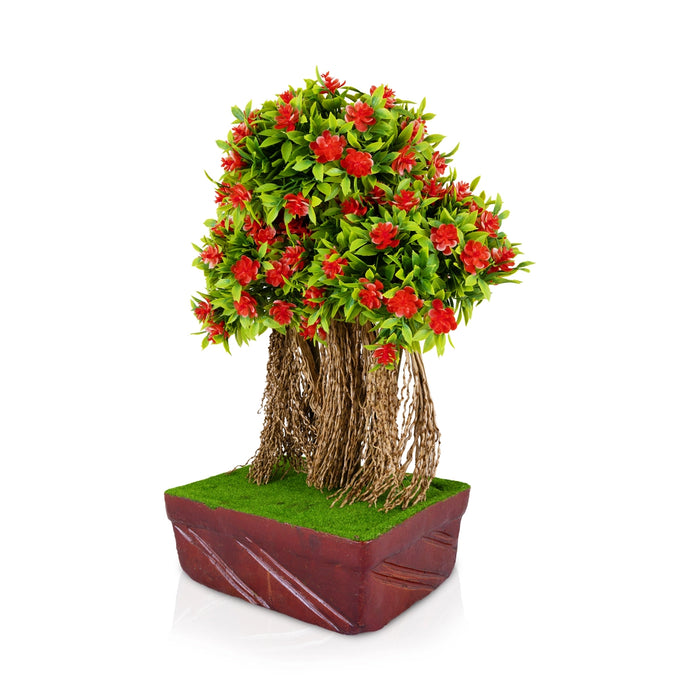 Artificial Bonsai Plant - 14 x 9 Inches | Red Flower Indoor Plant/ Decorative Faux Tree For Table