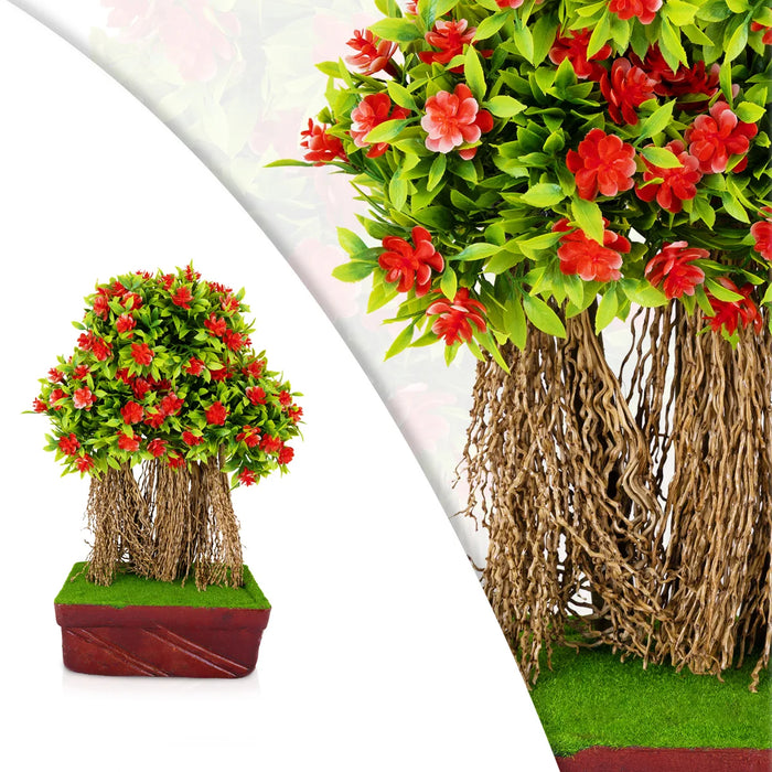 Artificial Bonsai Plant - 14 x 9 Inches | Red Flower Indoor Plant/ Decorative Faux Tree For Table