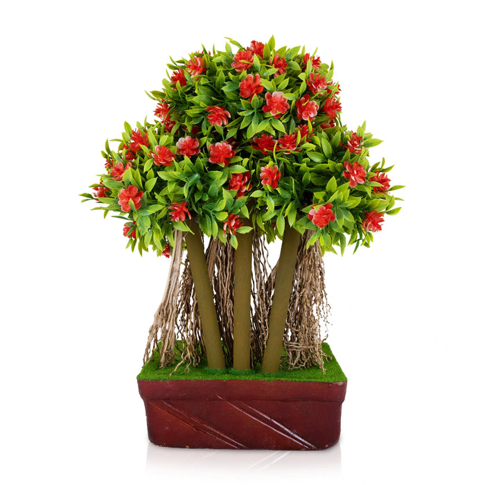 Artificial Bonsai Plant - 14 x 9 Inches | Red Flower Indoor Plant/ Decorative Faux Tree For Table