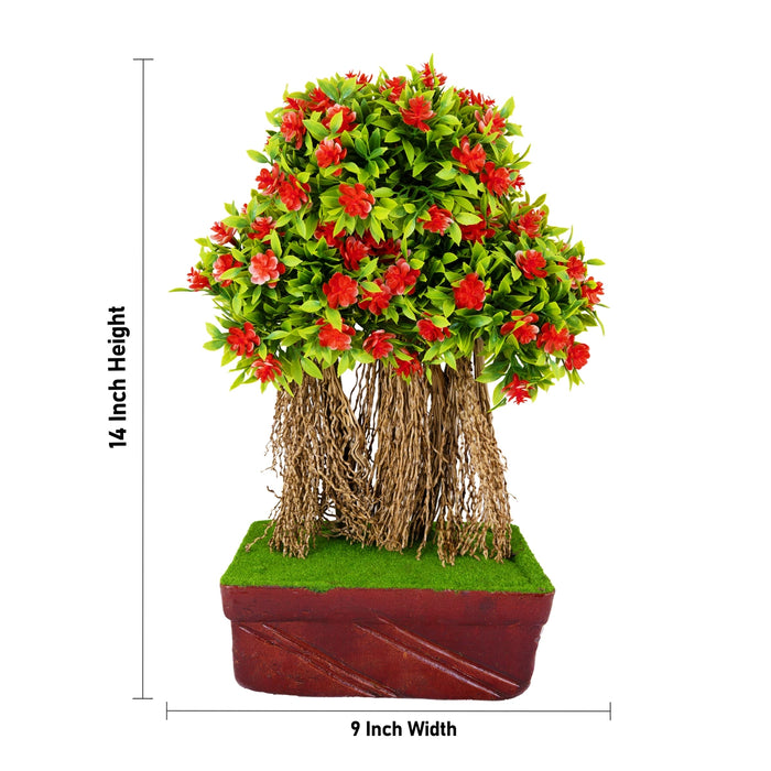 Artificial Bonsai Plant - 14 x 9 Inches | Red Flower Indoor Plant/ Decorative Faux Tree For Table