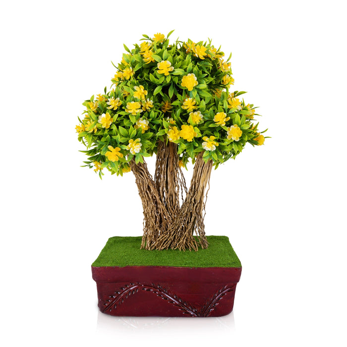 Artificial Bonsai Plant - 14 x 9 Inches | Decorative Faux Tree/ Yellow Flower Plant For Office