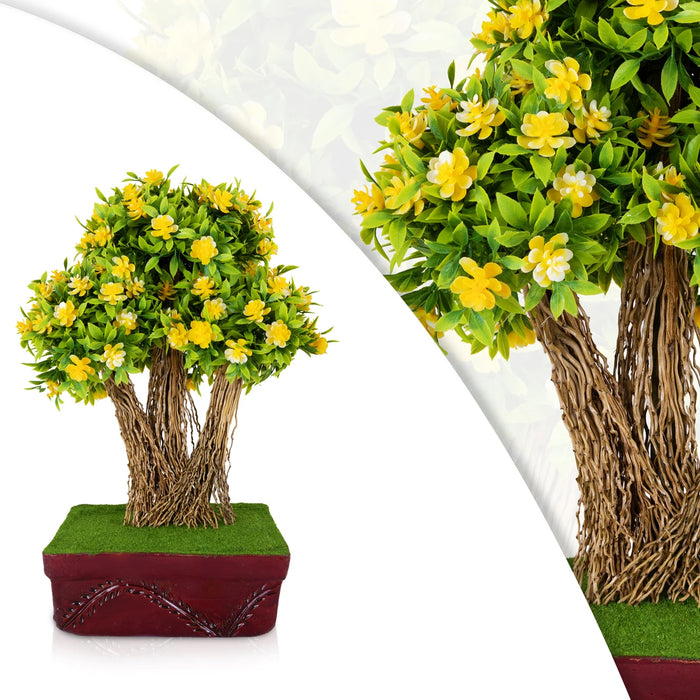 Artificial Bonsai Plant - 14 x 9 Inches | Decorative Faux Tree/ Yellow Flower Plant For Office