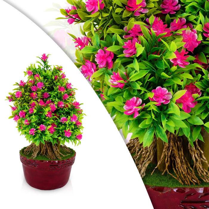 Artificial Bonsai Plant - 15 x 8 Inches | Fake Plant/ Pink Flower With green Leaf Tree For Table Top