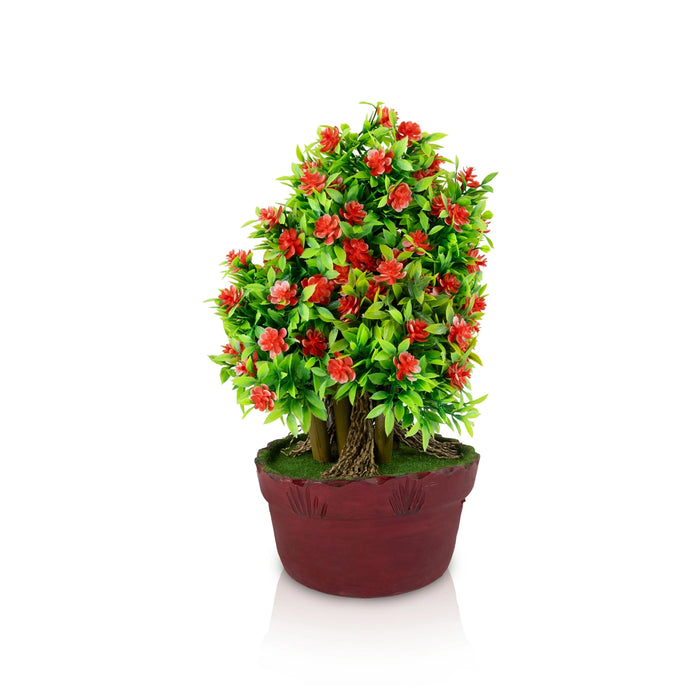 Artificial Bonsai Plant - 11 x 7 Inches | Faux Tree/ Red Floral Canopy Plant with Pot For Living Room