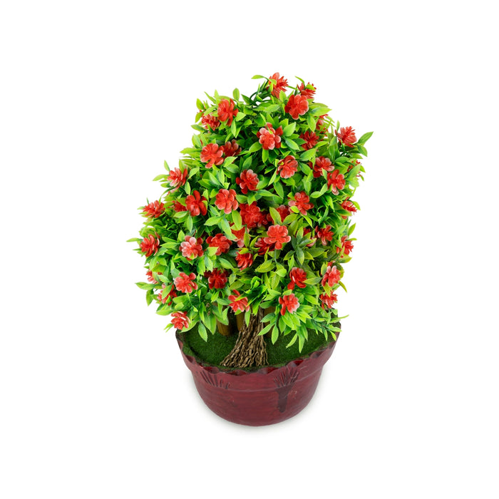 Artificial Bonsai Plant - 11 x 7 Inches | Faux Tree/ Red Floral Canopy Plant with Pot For Living Room