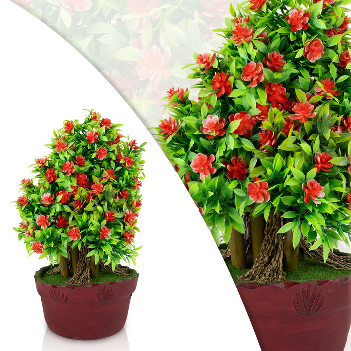Artificial Bonsai Plant - 11 x 7 Inches | Faux Tree/ Red Floral Canopy Plant with Pot For Living Room