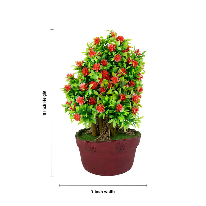 Artificial Bonsai Plant - 11 x 7 Inches | Faux Tree/ Red Floral Canopy Plant with Pot For Living Room
