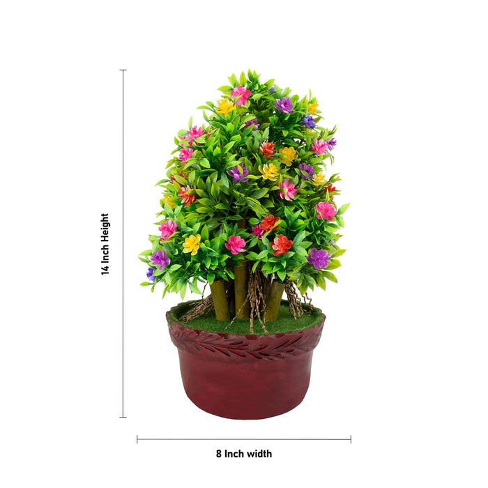 Artificial Bonsai Plant - 14 x 8 Inches | Indoor Plant/ Multi Colour Flower with Pot for Table Decor