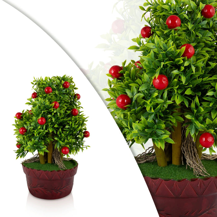 Artificial Bonsai Plant - 14 x 8 Inches | Decorative Faux Tree / Indoor Red Cherry Plant for Tabletop Decor