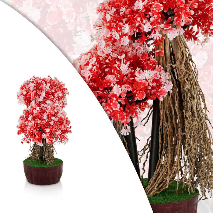 Artificial Bonsai Plant - 10.5 x 6.5 Inches | Red Flower Tree with Pot/ Decorative Faux Plant For Office