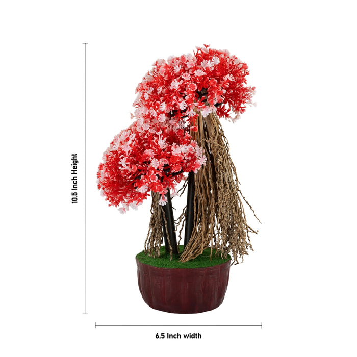 Artificial Bonsai Plant - 10.5 x 6.5 Inches | Red Flower Tree with Pot/ Decorative Faux Plant For Office