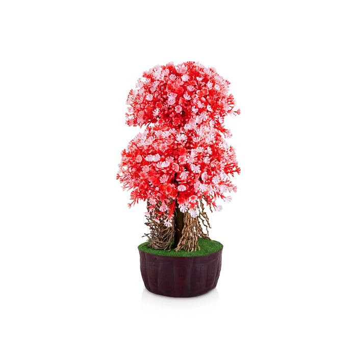 Artificial Bonsai Plant - 11 x 4.5 Inches | Fake Tree/ Red & White Flower Plant With Pot For Home