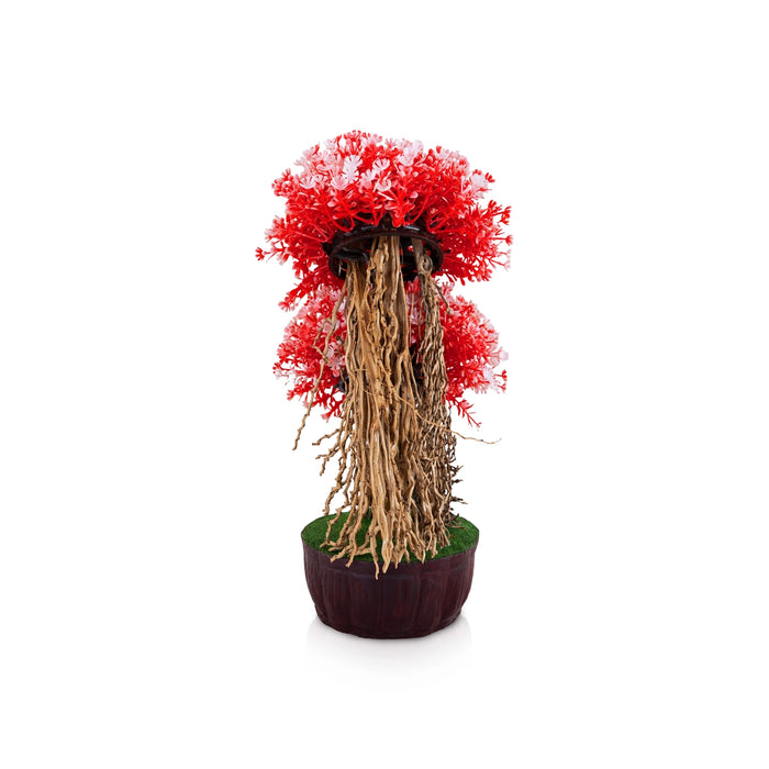 Artificial Bonsai Plant - 11 x 4.5 Inches | Fake Tree/ Red & White Flower Plant With Pot For Home