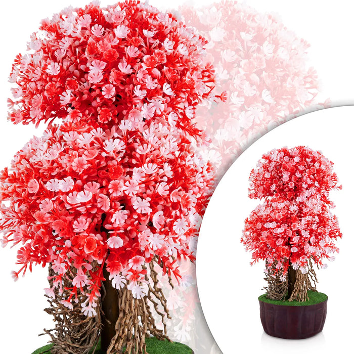 Artificial Bonsai Plant - 11 x 4.5 Inches | Fake Tree/ Red & White Flower Plant With Pot For Home
