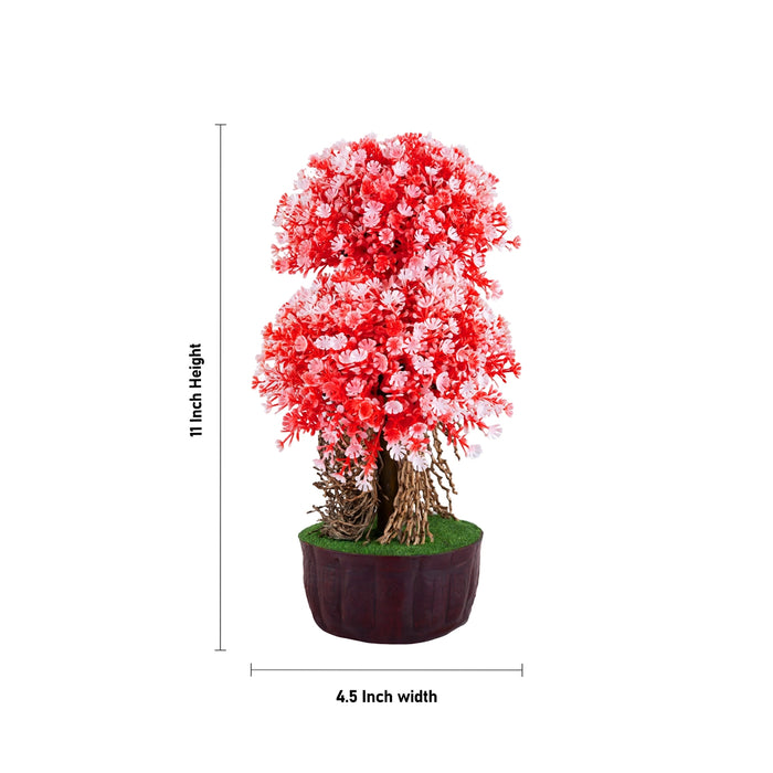 Artificial Bonsai Plant - 11 x 4.5 Inches | Fake Tree/ Red & White Flower Plant With Pot For Home