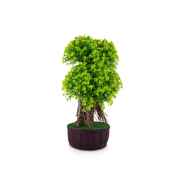 Artificial Bonsai Plant - 10.5 x 6.5 Inches | Decorative Faux Plant/ Green Double Canopy Tree For Table Decor