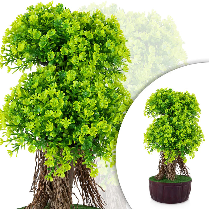 Artificial Bonsai Plant - 10.5 x 6.5 Inches | Decorative Faux Plant/ Green Double Canopy Tree For Table Decor