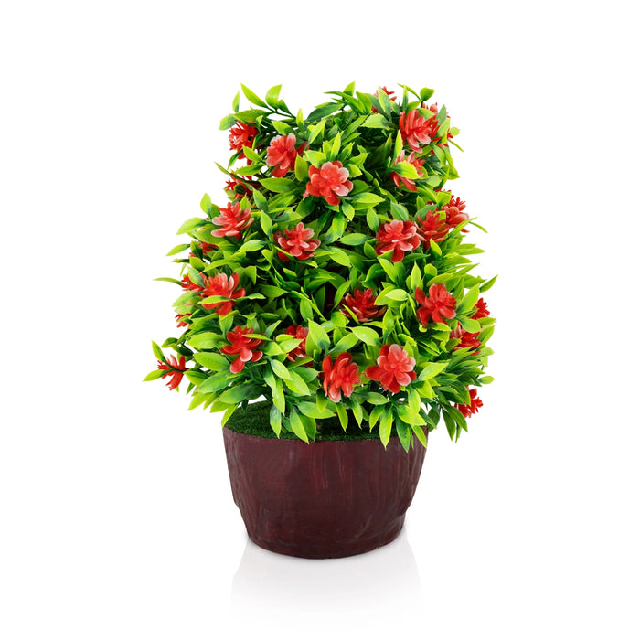 Artificial Bonsai Plant - 9 x 7 Inches | Faux Tree/ Red Flower with Green Leaf Plant for Table Decor