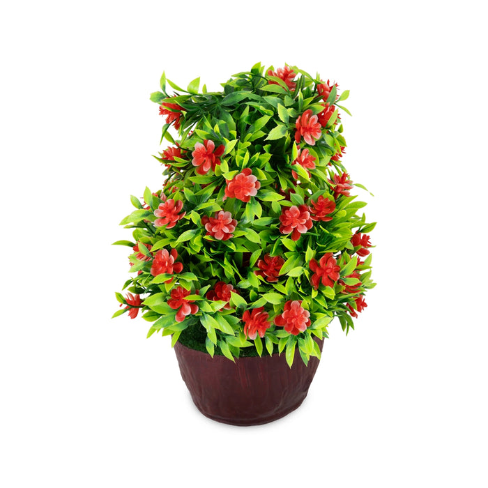 Artificial Bonsai Plant - 9 x 7 Inches | Faux Tree/ Red Flower with Green Leaf Plant for Table Decor
