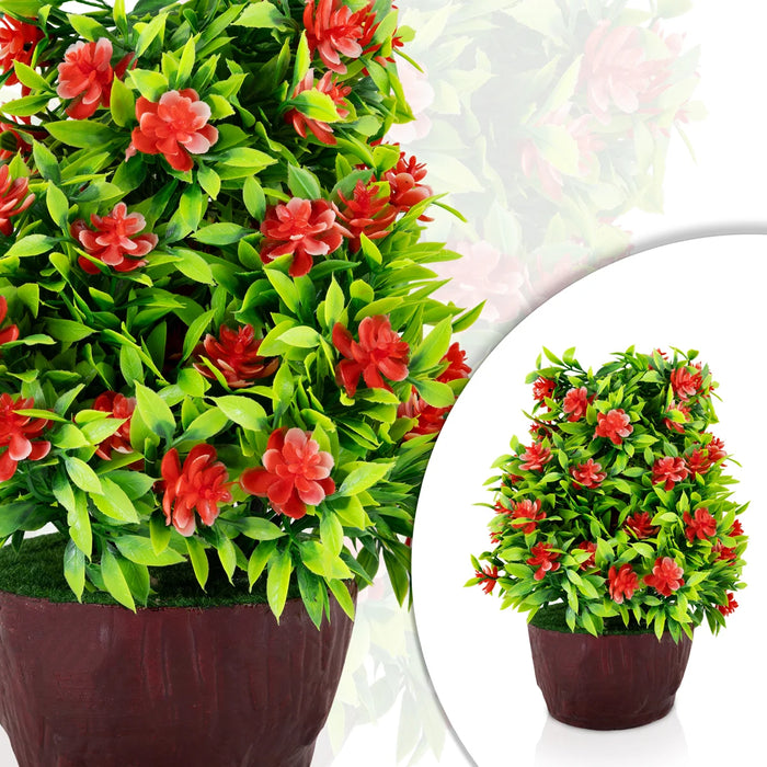 Artificial Bonsai Plant - 9 x 7 Inches | Faux Tree/ Red Flower with Green Leaf Plant for Table Decor