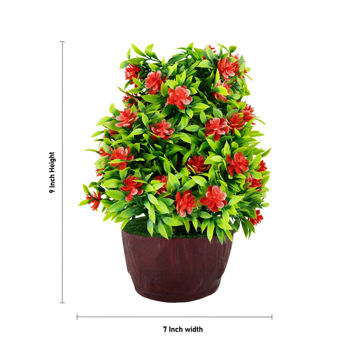 Artificial Bonsai Plant - 9 x 7 Inches | Faux Tree/ Red Flower with Green Leaf Plant for Table Decor