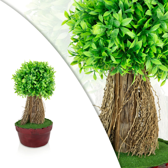 Artificial Bonsai Plant - 14 x 7 Inches | Dense Green Leaf Tree/ Fake Plant With Pot For Office