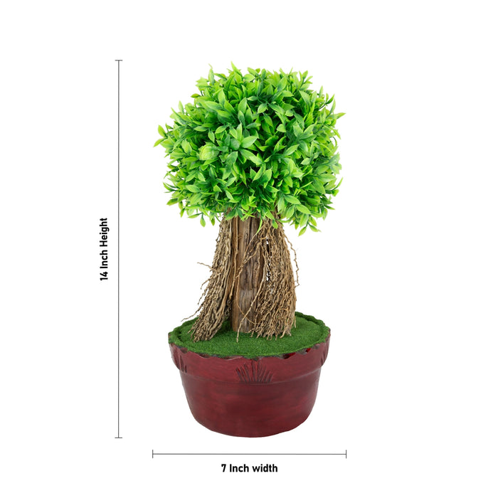 Artificial Bonsai Plant - 14 x 7 Inches | Dense Green Leaf Tree/ Fake Plant With Pot For Office