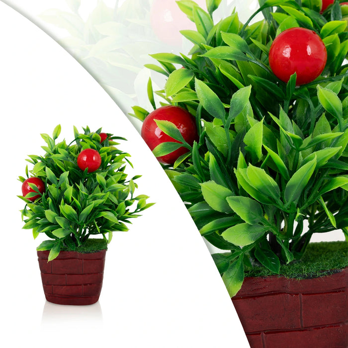 Artificial Bonsai Plant - 6 x 3.5 Inches | Green Leaf with Red Berry Fruits Tree/ Indoor Plant for Office Decor