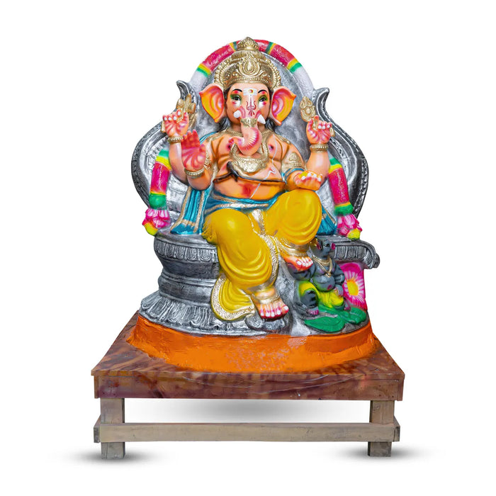 Ganesh Murti - 5.3 x 4.5 Feet | Clay Vinayaka Idol Sitting On Base/ Right Trunk Ganpati for Ganesh Chaturthi