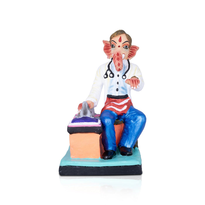 Doctor Ganesh Murti Checking Mooshika Clay Golu Bommai - 9 X 5 Inches | Navaratri Gombe/ Giri Golu Doll