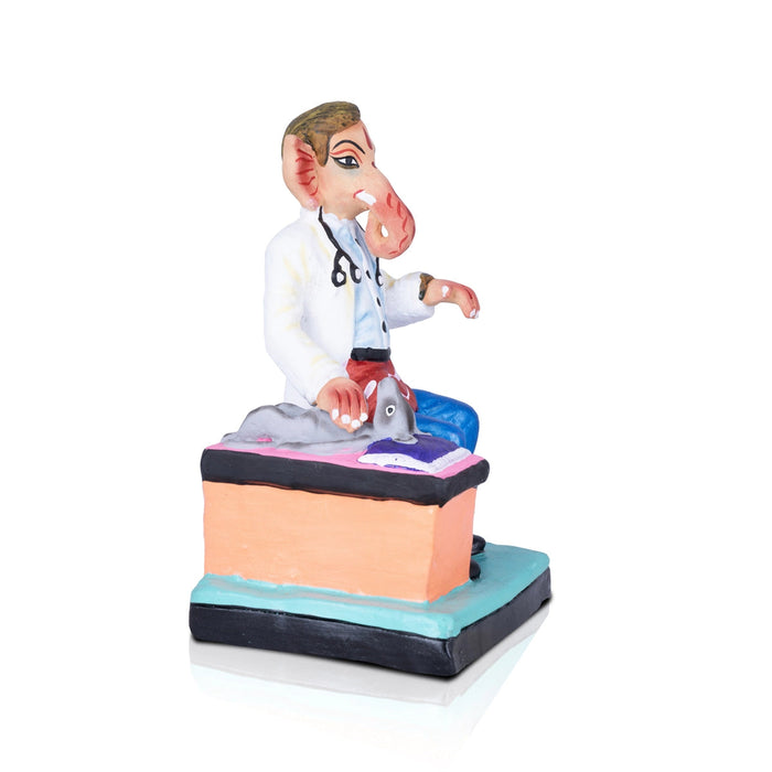 Doctor Ganesh Murti Checking Mooshika Clay Golu Bommai - 9 X 5 Inches | Navaratri Gombe/ Giri Golu Doll