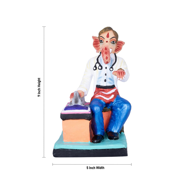Doctor Ganesh Murti Checking Mooshika Clay Golu Bommai - 9 X 5 Inches | Navaratri Gombe/ Giri Golu Doll