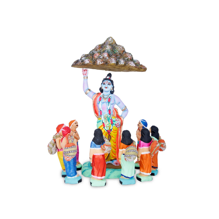 Krishna - Govardhana Giridhari Clay Golu Bommai Set - 11 x 5 Inches | Giri Golu Doll/Navaratri Golu Bomma/Bommalu