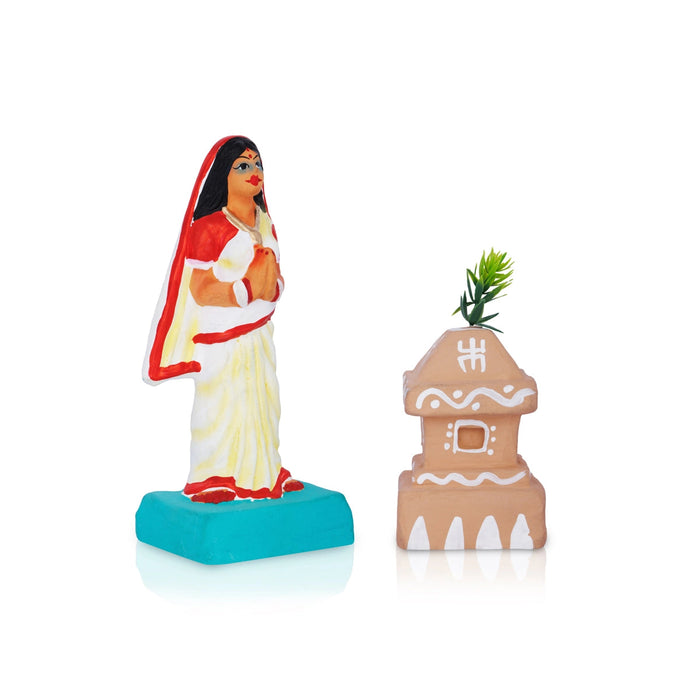 Lady With Tulasi Maadam Clay Golu Bommai Pair- 5 X 2.5 Inches | Navaratri Gombe/ Giri Golu Doll/Navratri Decor