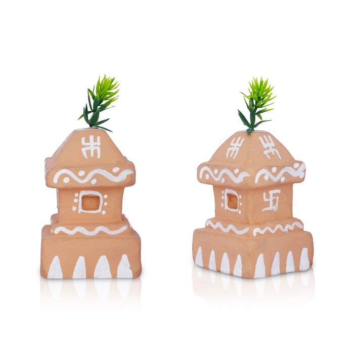 Lady With Tulasi Maadam Clay Golu Bommai Pair- 5 X 2.5 Inches | Navaratri Gombe/ Giri Golu Doll/Navratri Decor