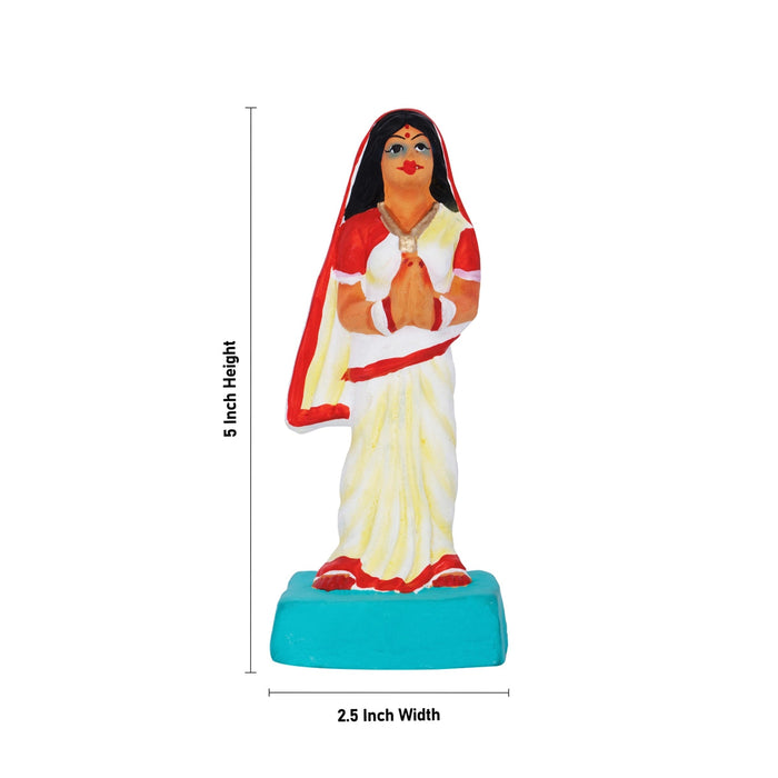 Lady With Tulasi Maadam Clay Golu Bommai Pair- 5 X 2.5 Inches | Navaratri Gombe/ Giri Golu Doll/Navratri Decor