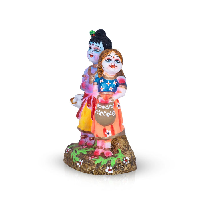 Cartoon Radha Krishna Clay Golu Bommai - 9 x 6 Inches | Giri Golu Bommai/ Navaratri Dasara Doll/ Gombe