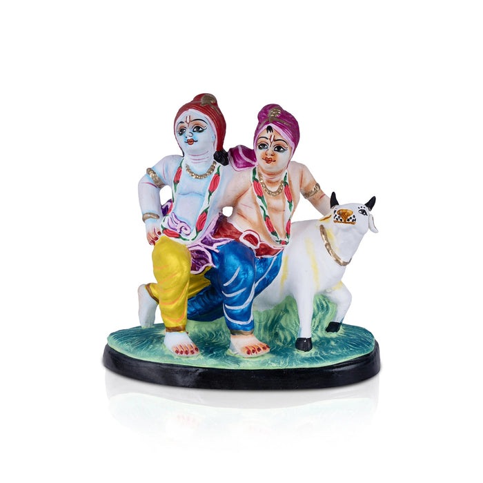 Krishna And Balarama With Cow Clay Golu Bommai- 8 X 7 Inches | Navaratri Gombe/ Giri Golu Doll/ Navratri Decor