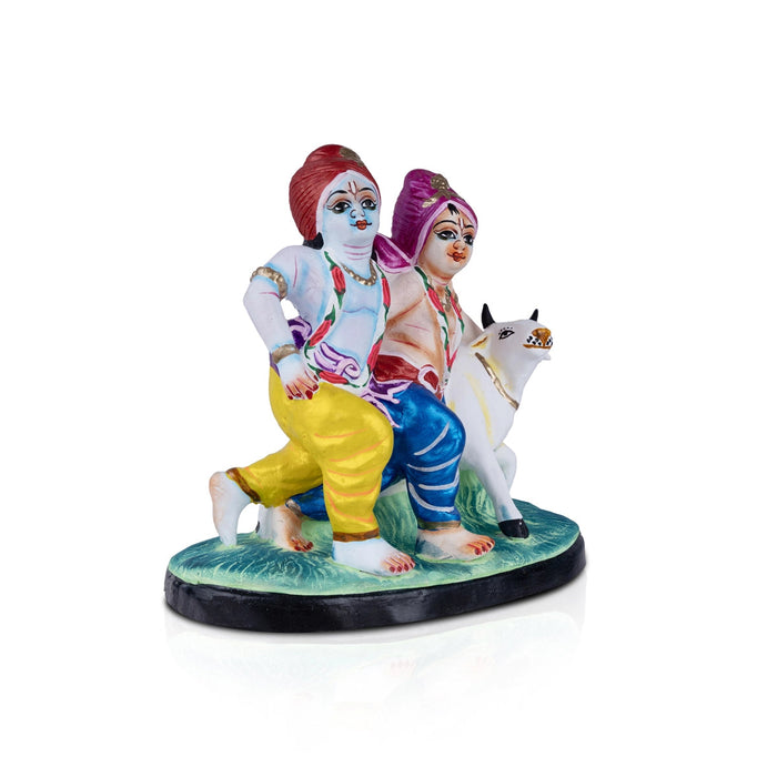 Krishna And Balarama With Cow Clay Golu Bommai- 8 X 7 Inches | Navaratri Gombe/ Giri Golu Doll/ Navratri Decor