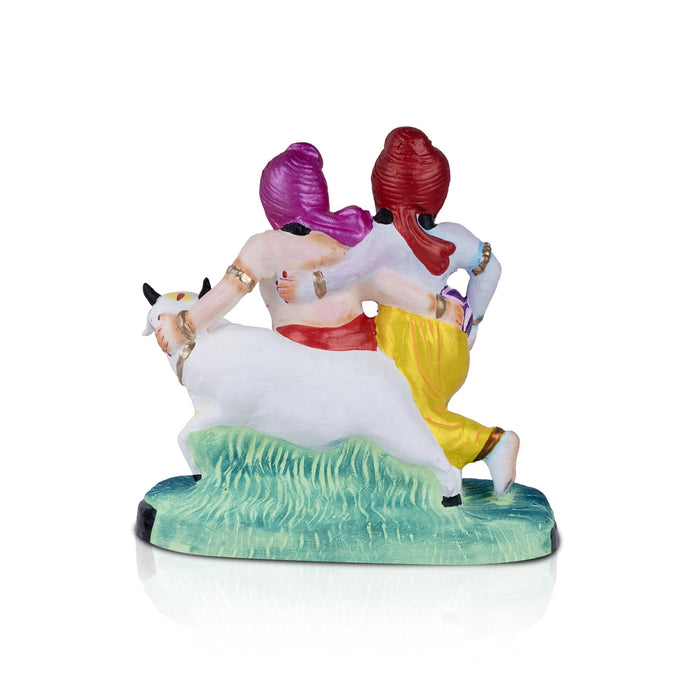 Krishna And Balarama With Cow Clay Golu Bommai- 8 X 7 Inches | Navaratri Gombe/ Giri Golu Doll/ Navratri Decor