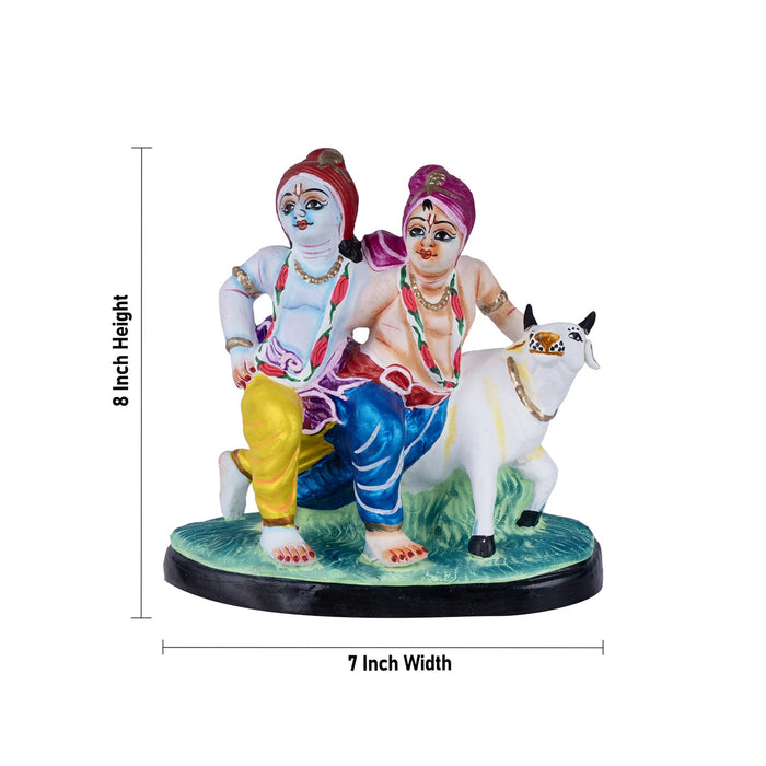 Krishna And Balarama With Cow Clay Golu Bommai- 8 X 7 Inches | Navaratri Gombe/ Giri Golu Doll/ Navratri Decor