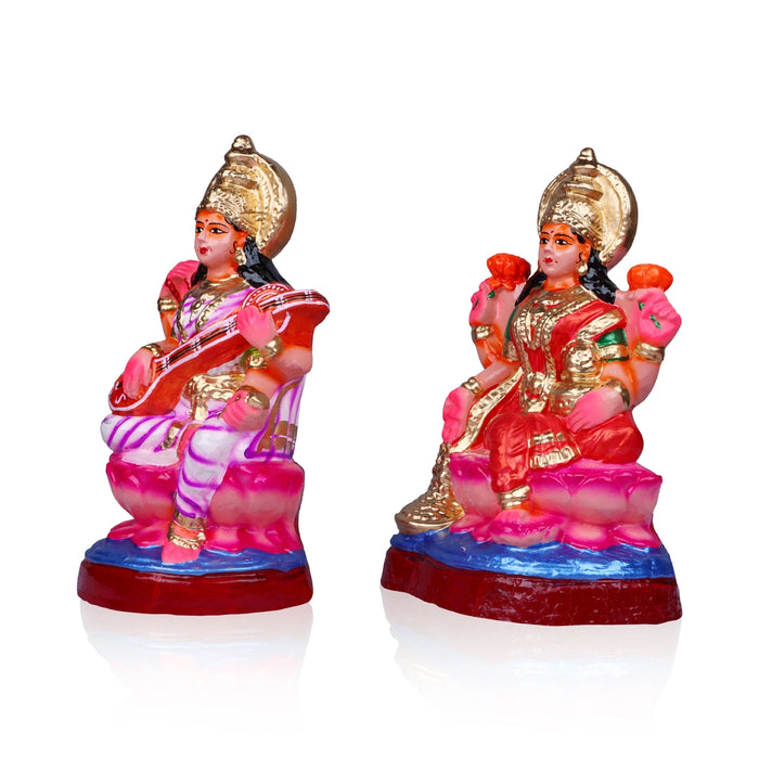 Lakshmi Saraswati Clay Golu Bommai Pair - 12 x 8.5 Inches | Giri Golu Doll/ Navaratri Golu Bomma/Gombe/Bommai