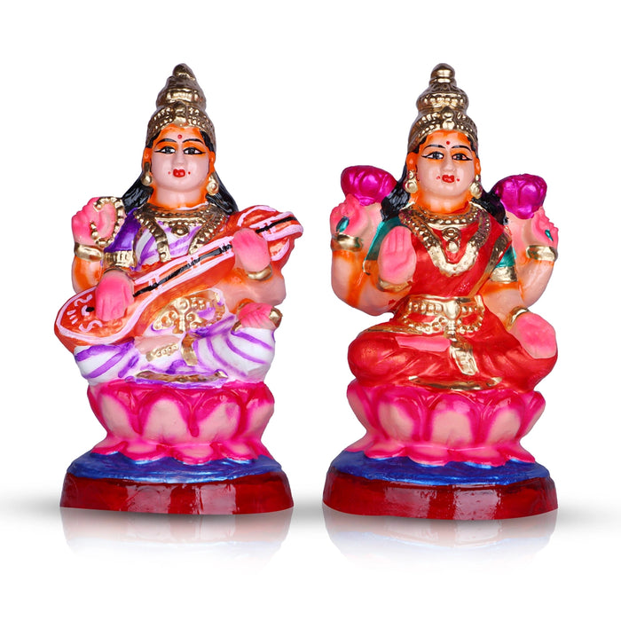 Lakshmi Saraswati Clay Golu Bommai Pair - 8 x 4 Inches | Giri Golu Doll/ Navaratri Golu Bomma/Gombe/Bommai