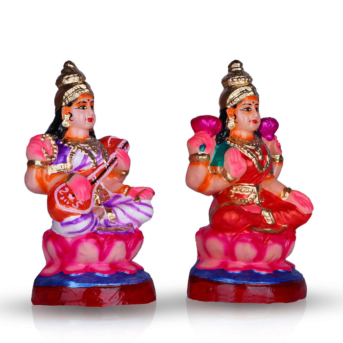 Lakshmi Saraswati Clay Golu Bommai Pair - 8 x 4 Inches | Giri Golu Doll/ Navaratri Golu Bomma/Gombe/Bommai