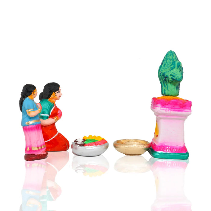 Tulasi Maadam with Women Clay Golu Bommai Set - 8 x 3 Inches | Giri Golu Doll/ Navaratri Golu Bomma/Gombe