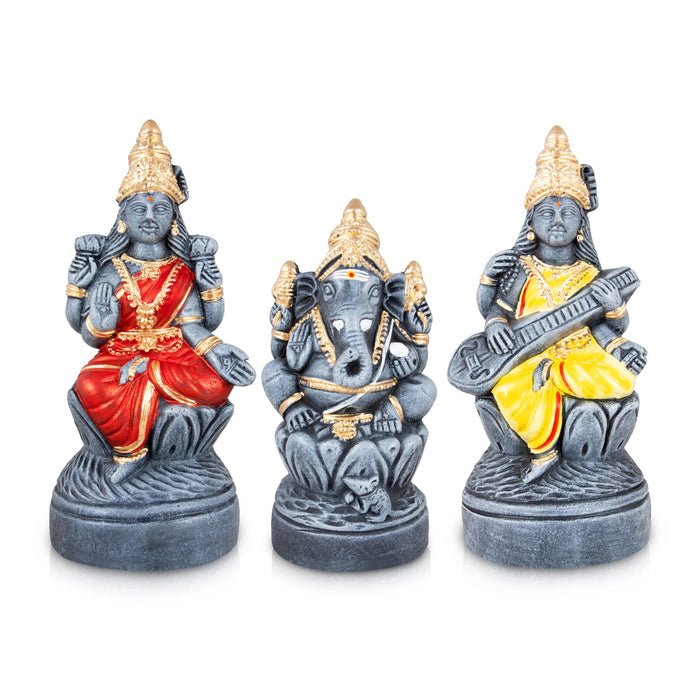 Ganesh Lakshmi Saraswati Clay Golu Bommai Set - 10 x 4.5 Inches | Giri Golu Doll/ Navaratri Golu Bomma/Gombe