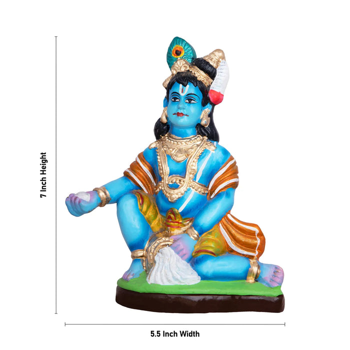 Butter Krishna Statue Clay Golu Bommai - 7 x 5.5 Inches | Giri Golu Doll/ Navaratri Golu Bomma/ Gombe/ Bommai