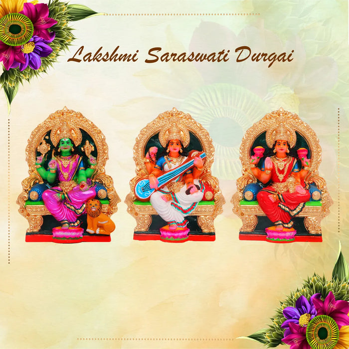 Durga Lakshmi Saraswathi Clay Golu Bommai Set - 11 Inches | Giri Golu Doll/ Navaratri Golu Bomma/Gombe/Bommai