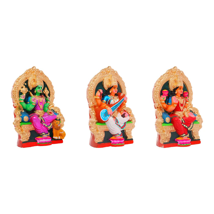 Durga Lakshmi Saraswathi Clay Golu Bommai Set - 11 Inches | Giri Golu Doll/ Navaratri Golu Bomma/Gombe/Bommai